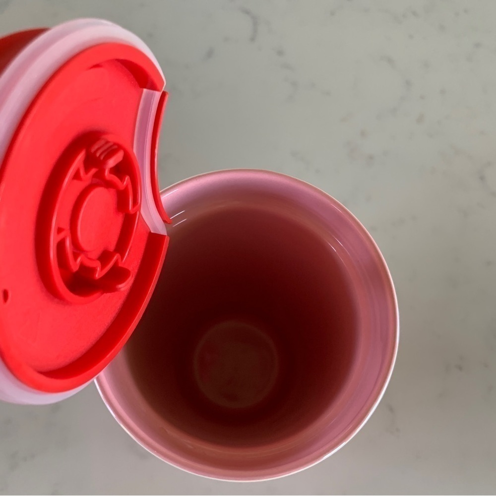 Starbucks Red Pink & White Stripes Ceramic Travel Mug 12oz - Picture 3 of 4